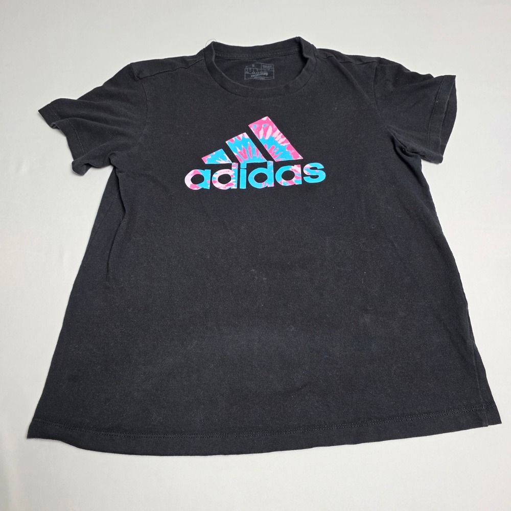 Adidas Graphic T-Shirt Womens Small Black Pink Blue Tie-Dye Logo Short Sleeve